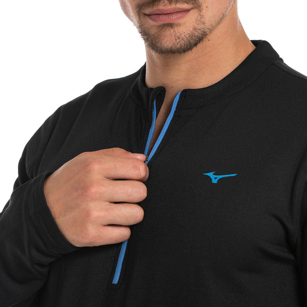 Camiseta Manga longa de Corrida Masculina Mizuno Térmica Preto/Azul 3