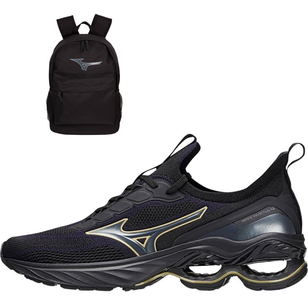 Kit 1 Tênis masculino Mizuno de corrida Wave Invictus 4 e 1 mochila Energy