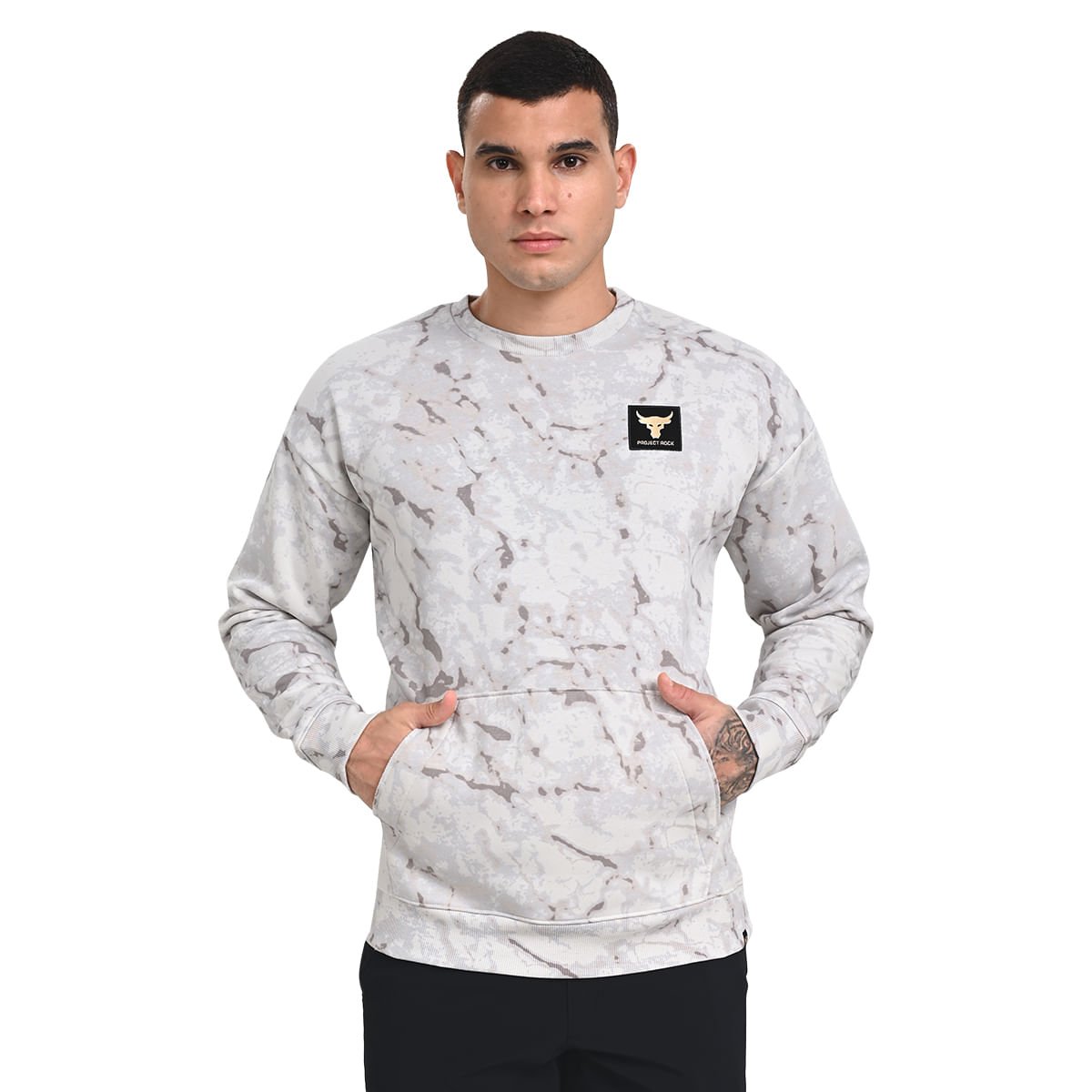 Camiseta Manga Longa de Treino Masculina Under Armour Project Rock Rival Fleece Branco 3