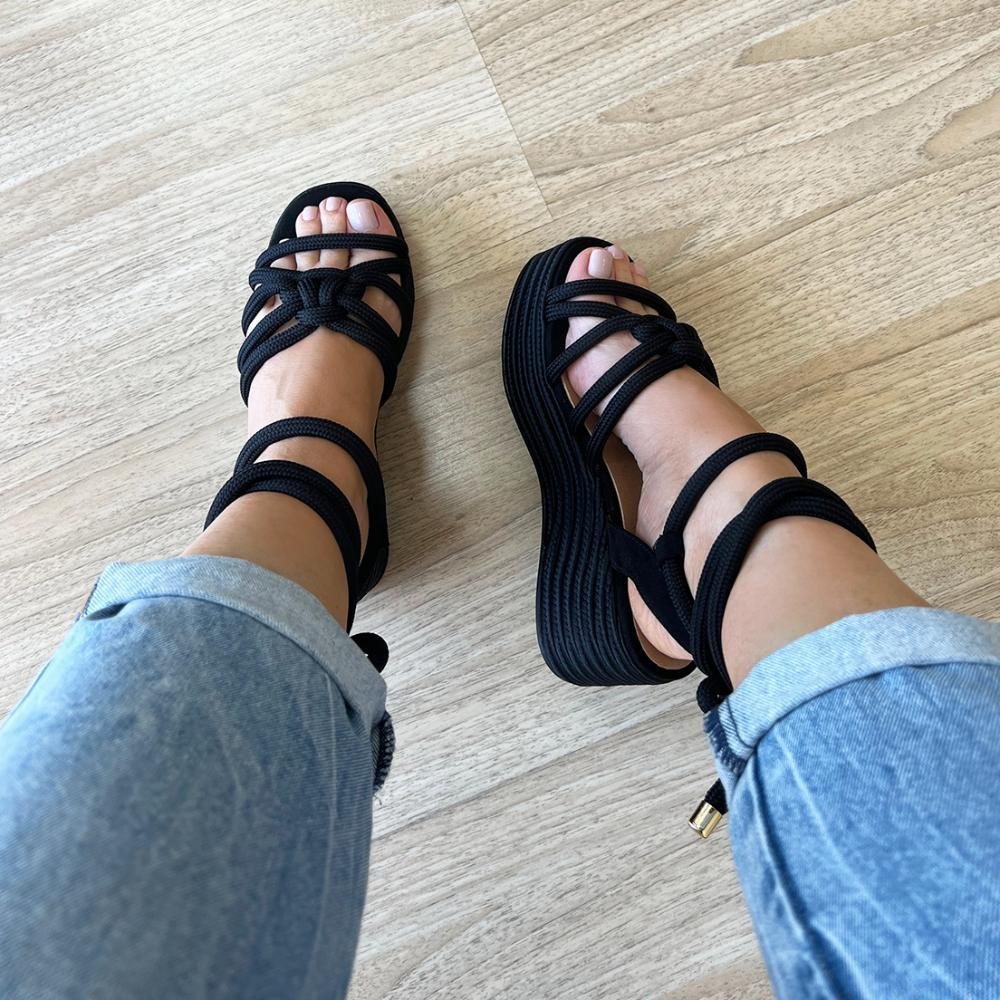 Thaila - Sandália Plataforma de Cordas Preto Preto 5