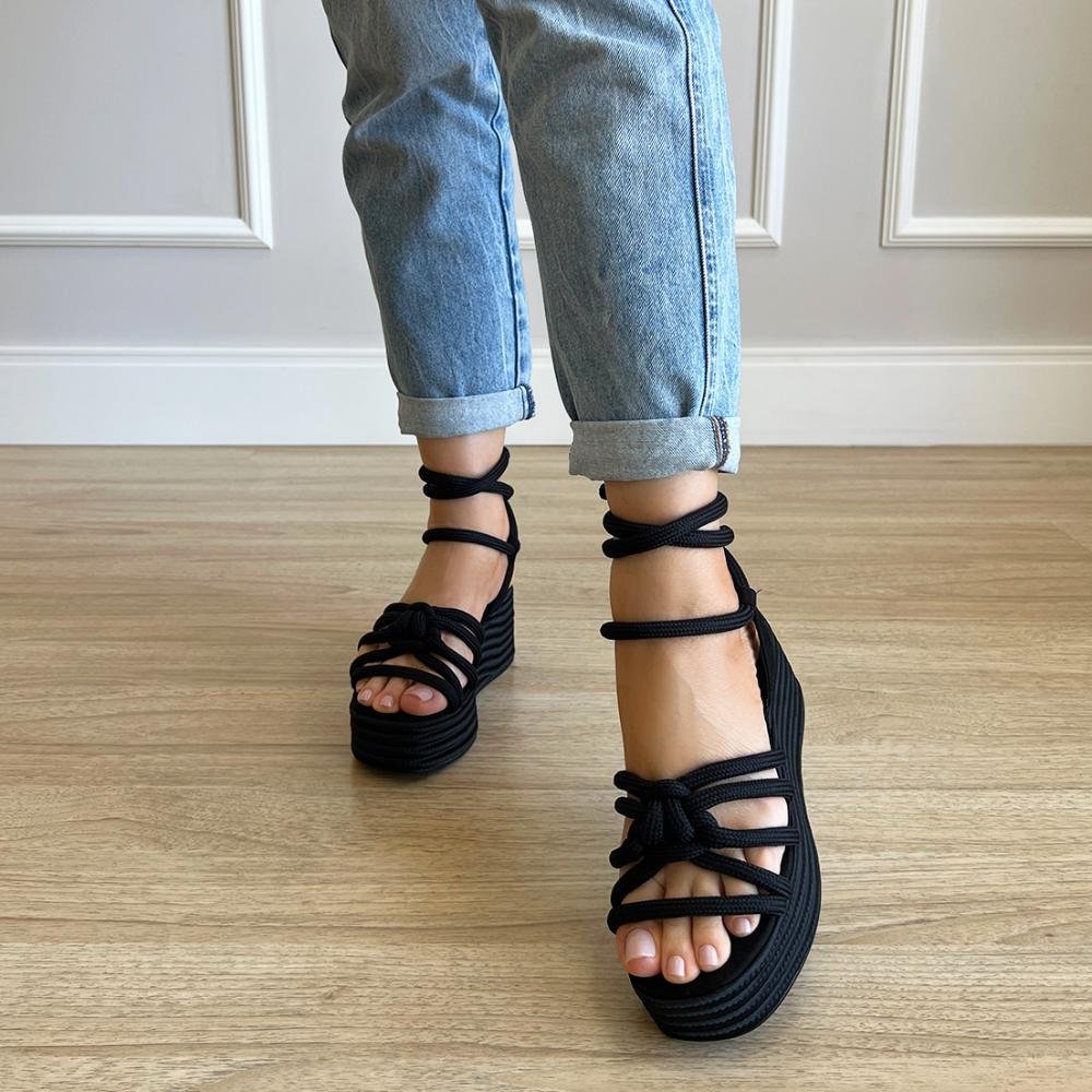 Thaila - Sandália Plataforma de Cordas Preto Preto 6