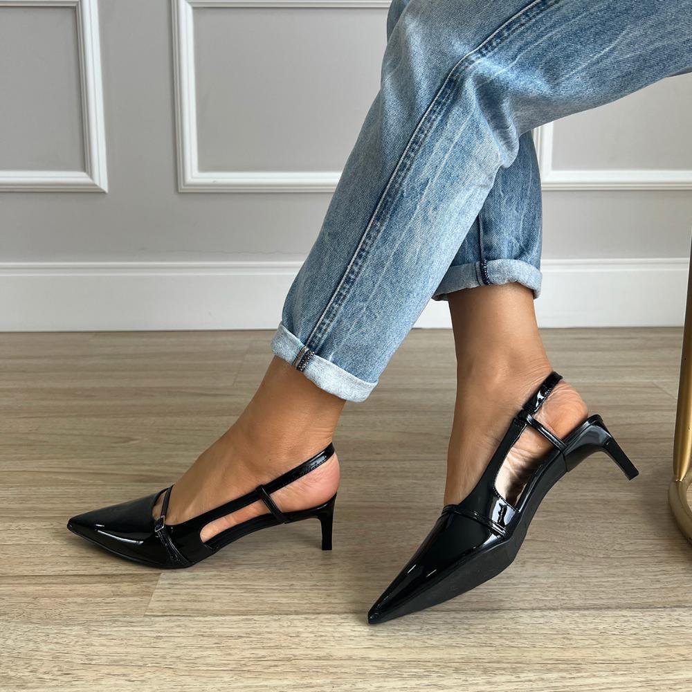 Sapato Scarpin Slingback Salto Baixo Keila Preto Preto 4