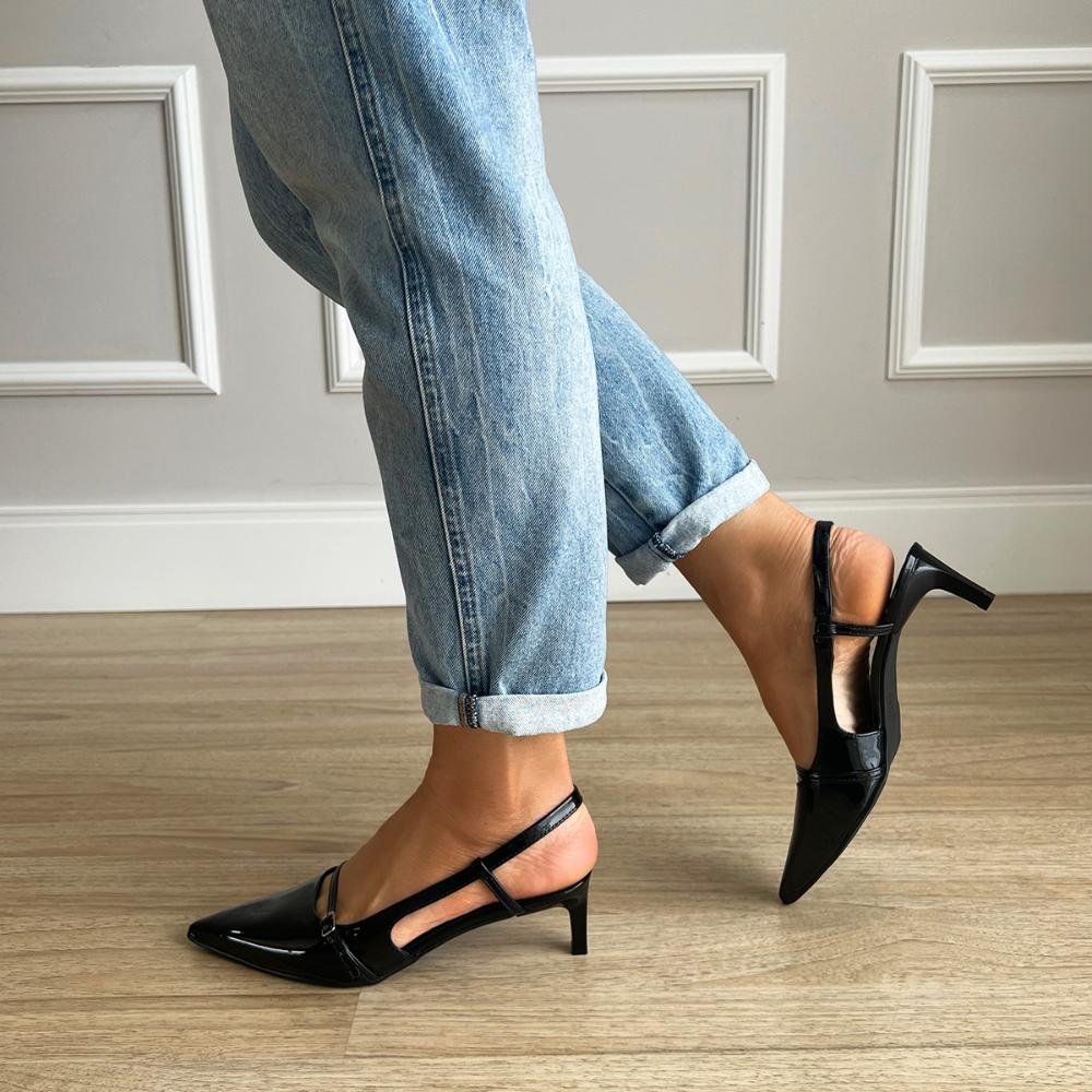 Sapato Scarpin Slingback Salto Baixo Keila Preto Preto 5