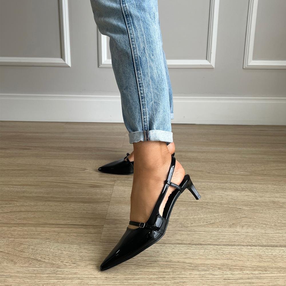 Sapato Scarpin Slingback Salto Baixo Keila Preto Preto 6