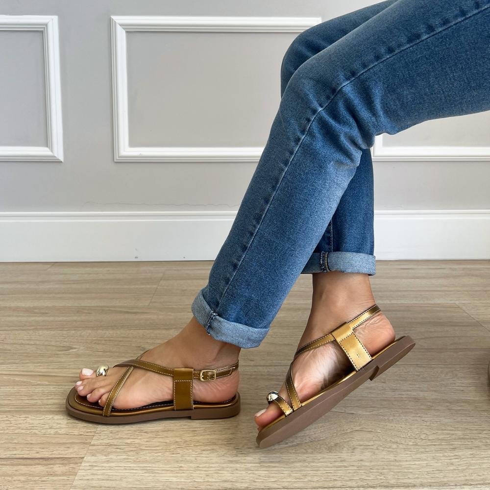 Sandália Rasteira Samira Dedo Bronze com Dourado Marrom 2