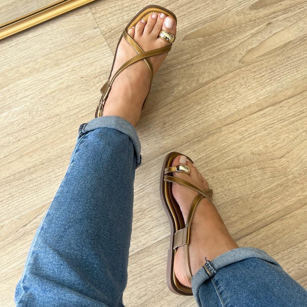 Sandália Rasteira Samira Dedo Bronze com Dourado Marrom 4