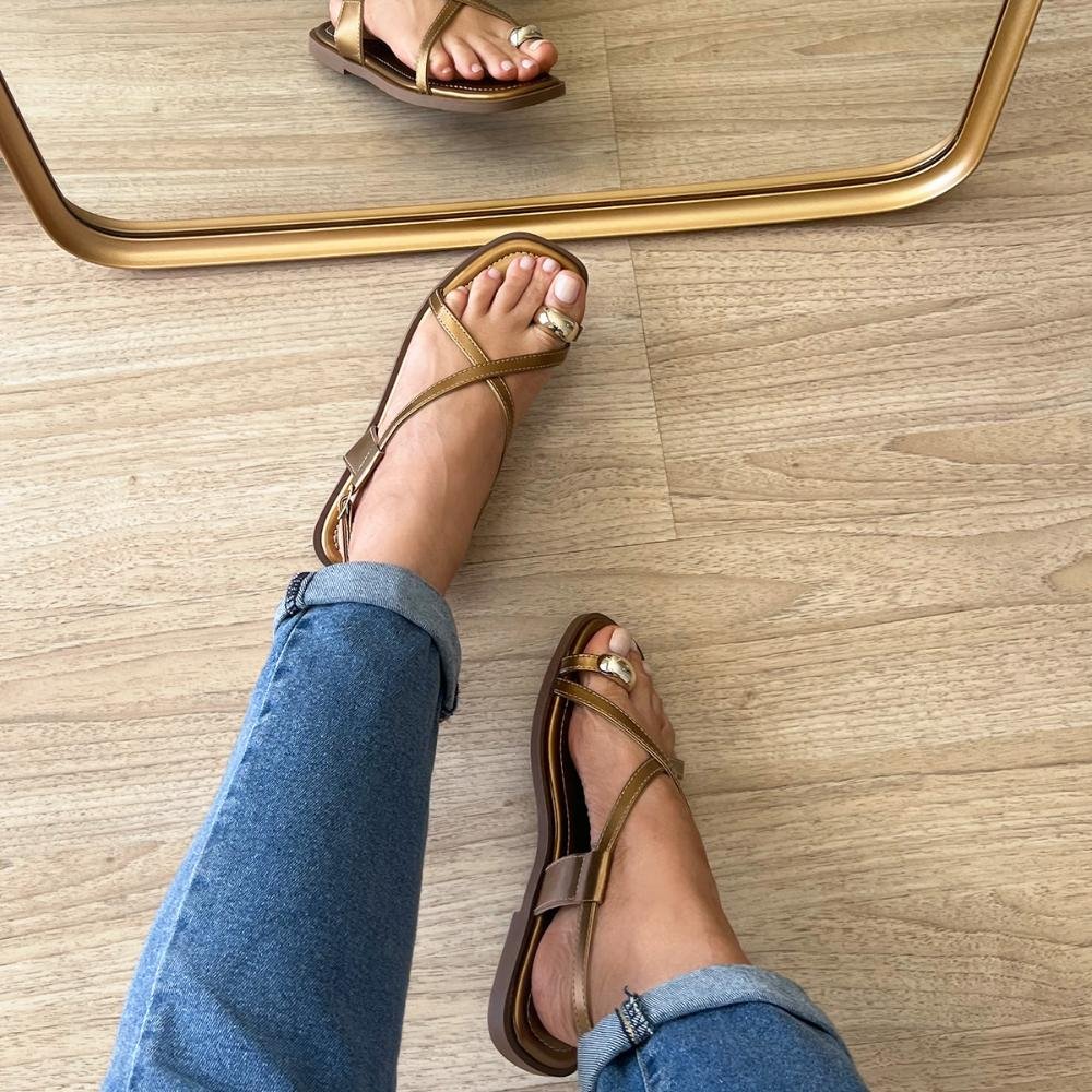 Sandália Rasteira Samira Dedo Bronze com Dourado Marrom 5