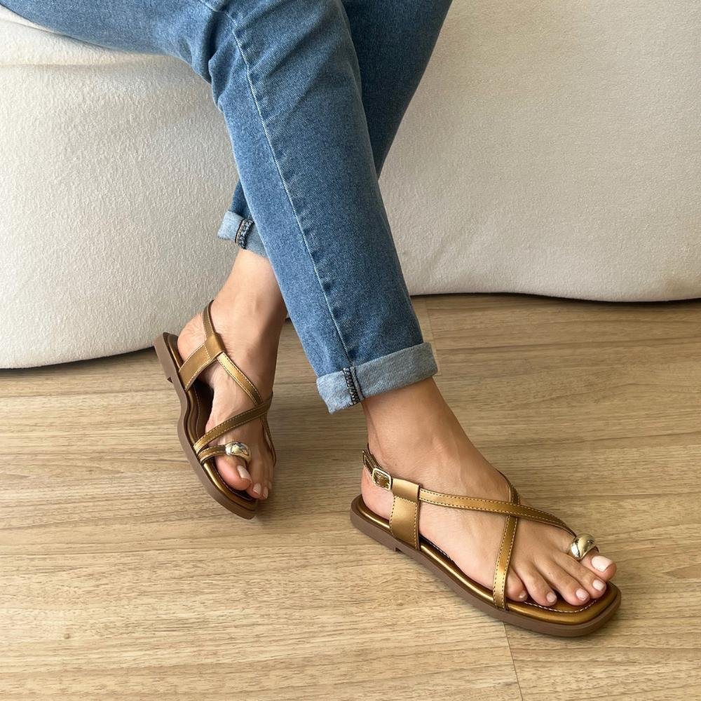 Sandália Rasteira Samira Dedo Bronze com Dourado Marrom 6