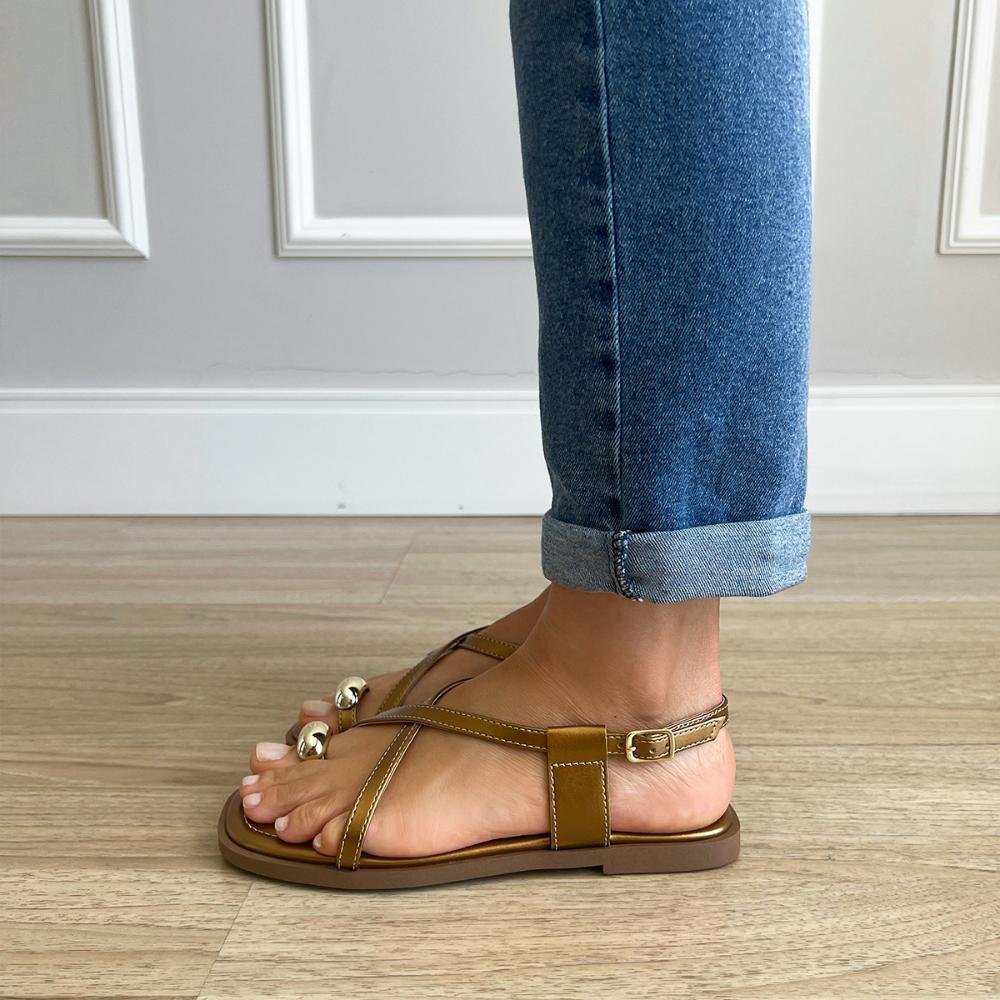 Sandália Rasteira Samira Dedo Bronze com Dourado Marrom 8