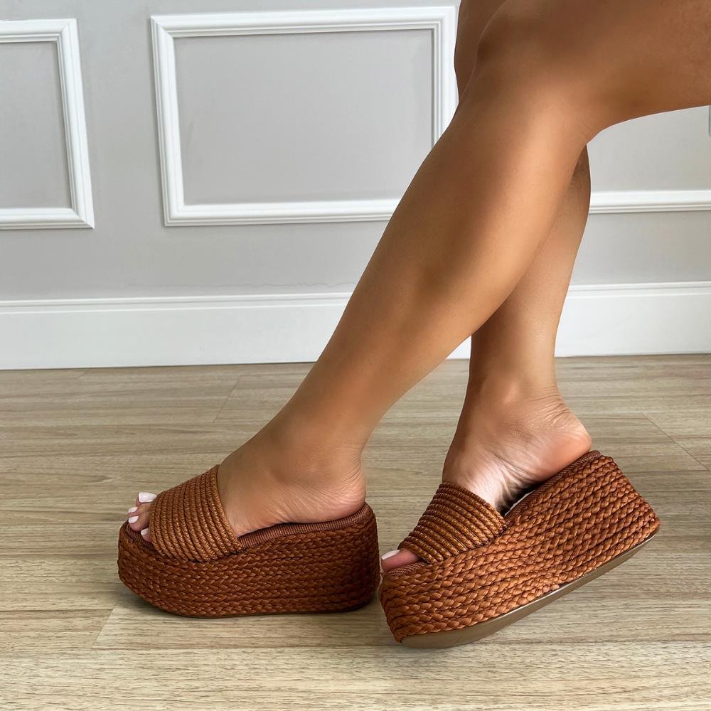 Sandália Flat Plataforma Cordas Jully Caramelo Marrom 6