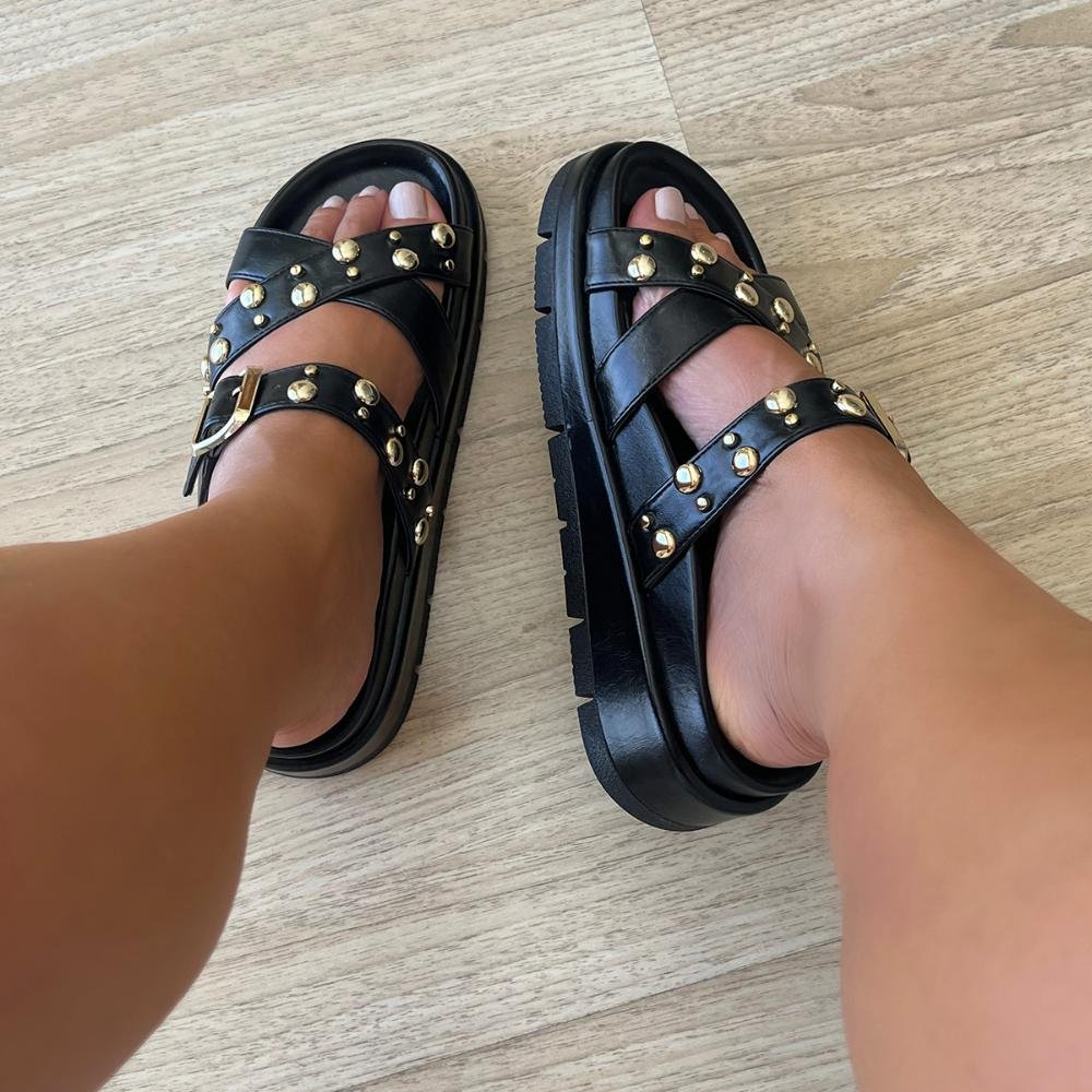 Sandália Flat Stefani Preto Metais Dourado Preto 5