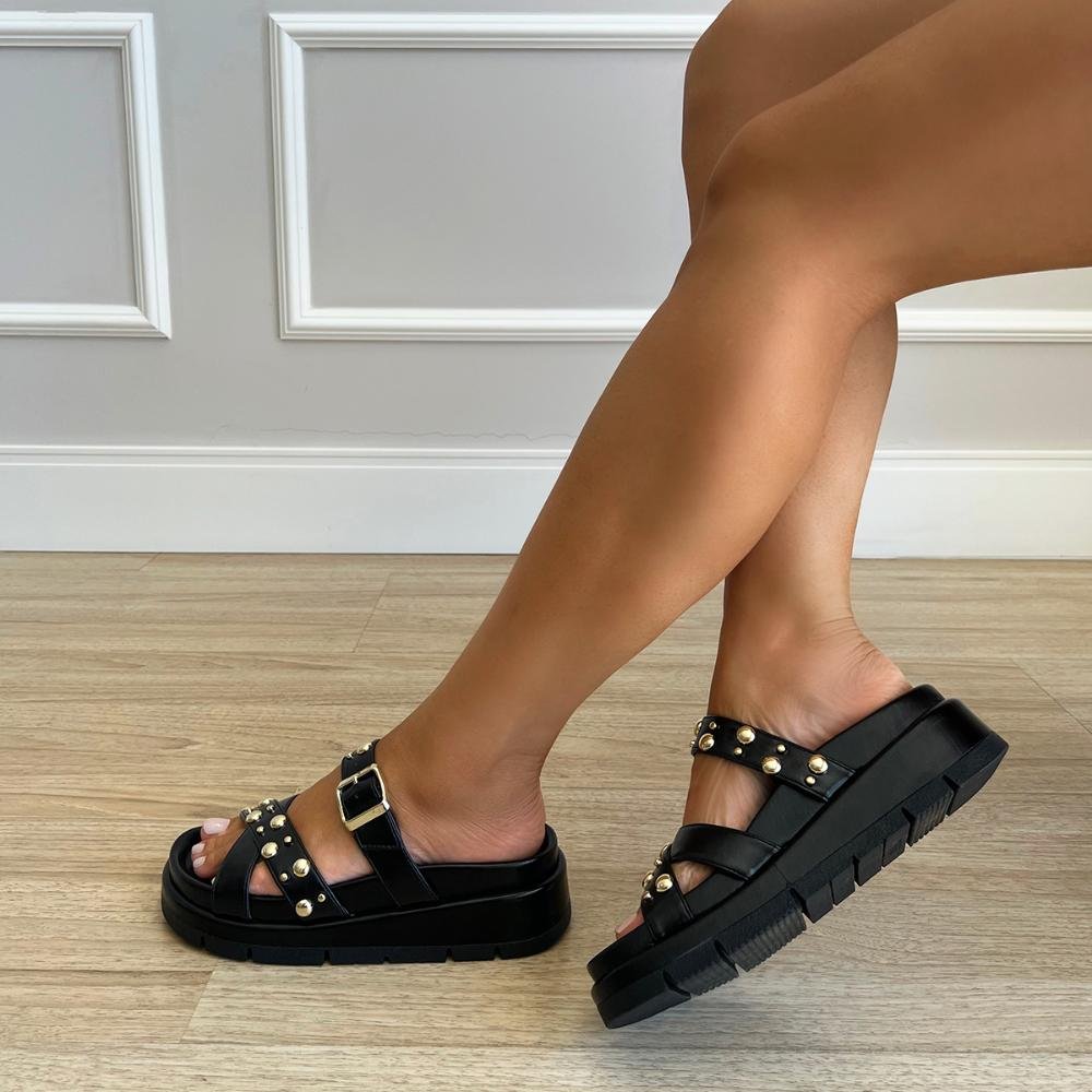 Sandália Flat Stefani Preto Metais Dourado Preto 6