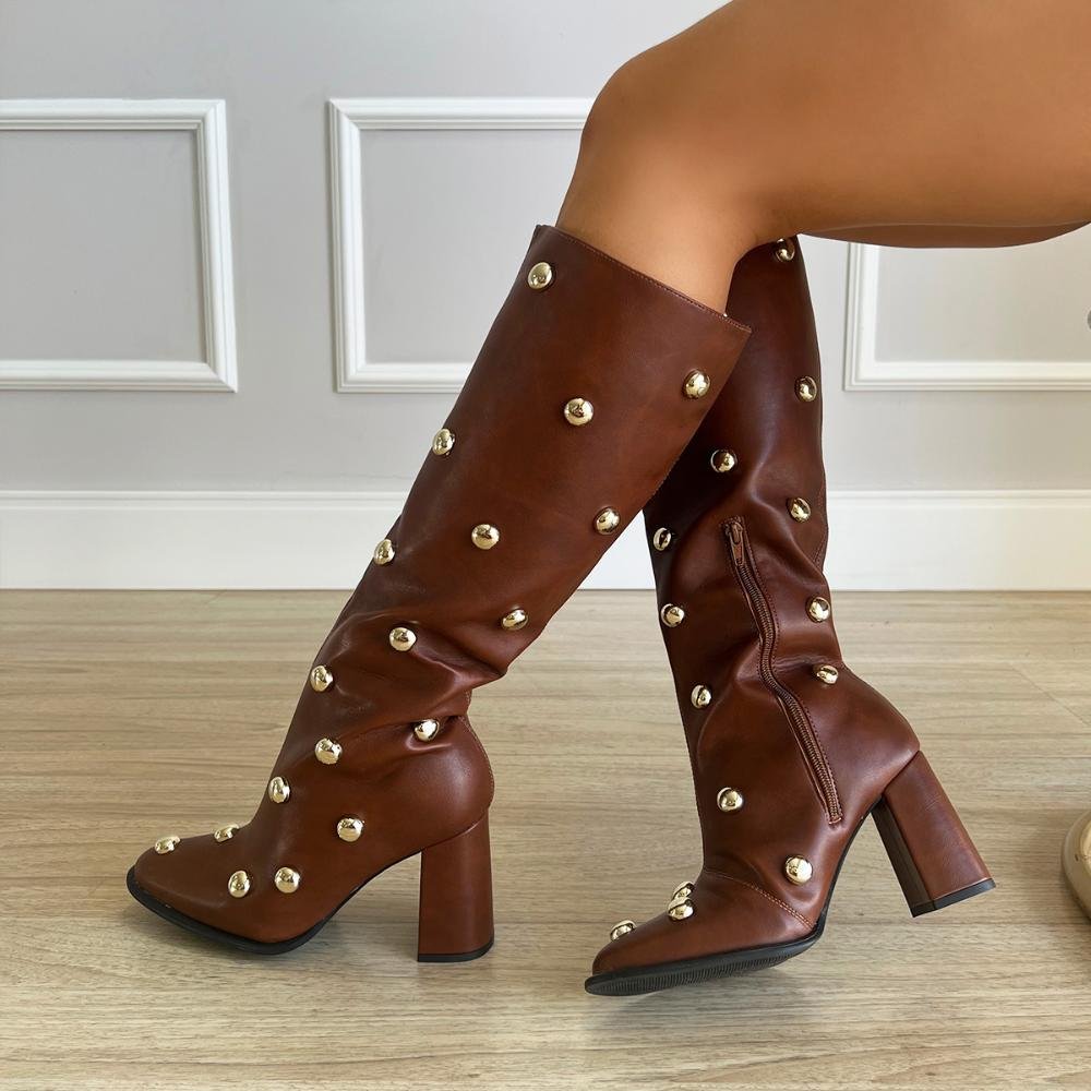 Bota Cano Alto Aplicações Suzane Marrom Marrom 6