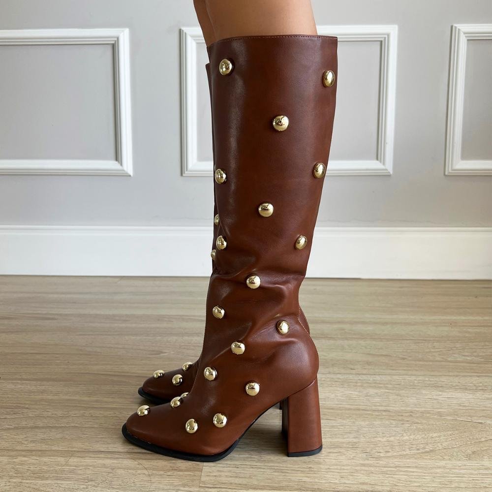 Bota Cano Alto Aplicações Suzane Marrom Marrom 7