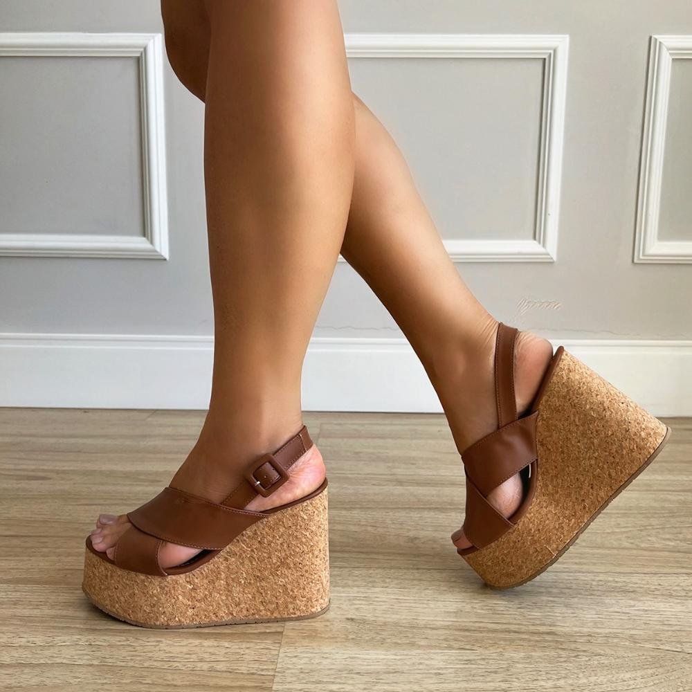Sandália Plataforma Salto Cortiça Jana Caramelo Caramelo 2