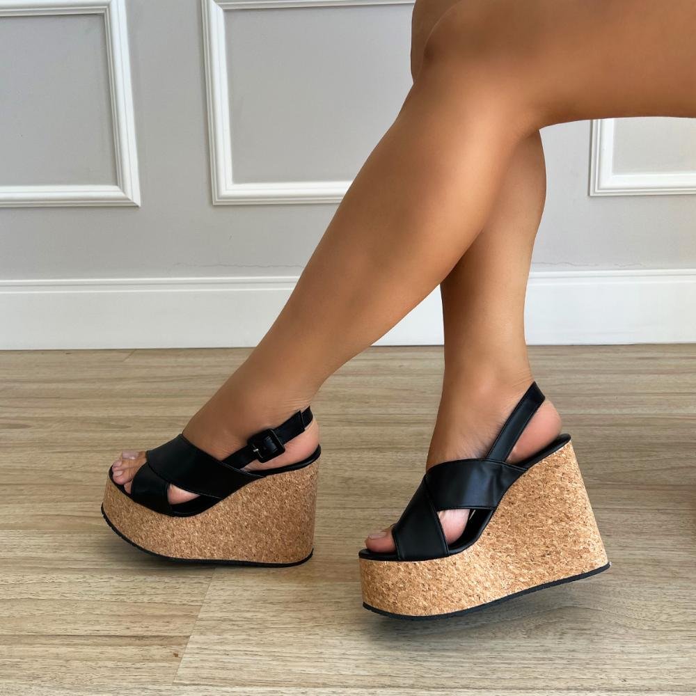 Sandália Plataforma Salto Cortiça Jana Preto Preto 2