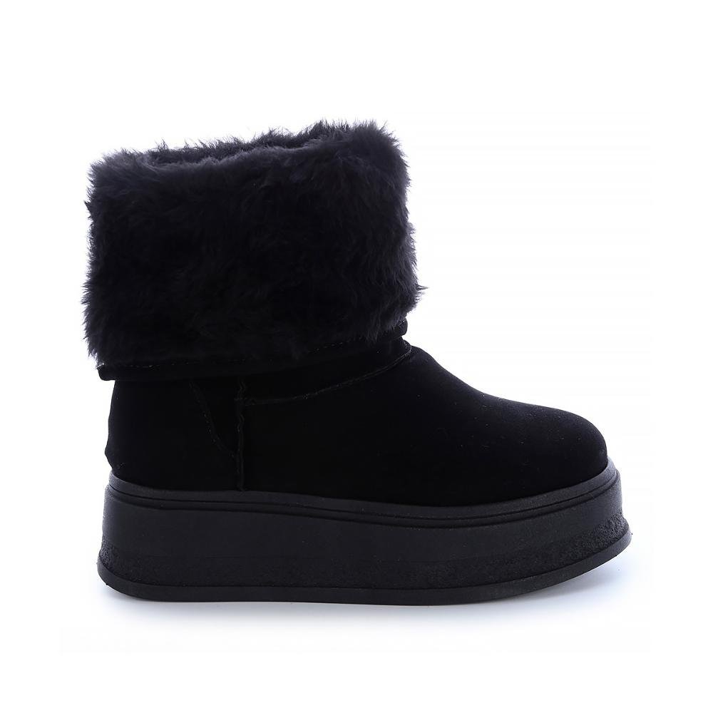 Bota de Pelos Forrada Salto Plataforma Cano Médio Preto Preto 1