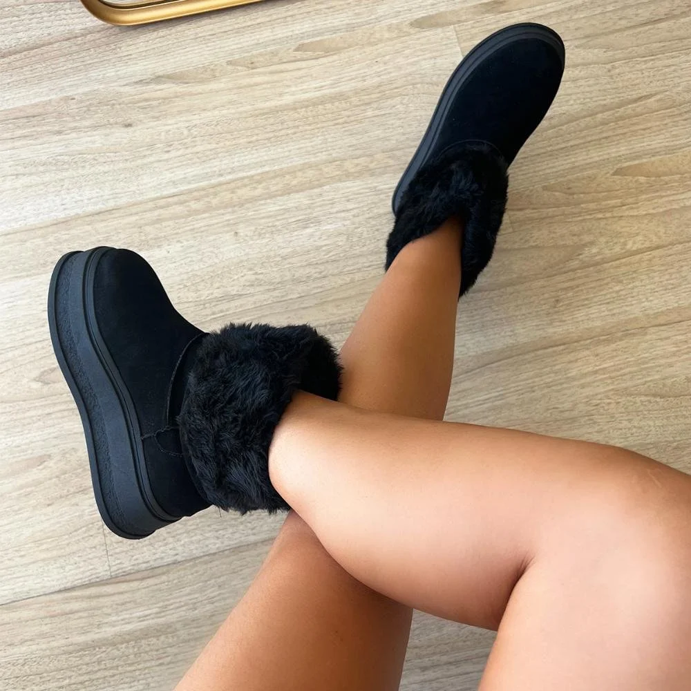 Bota de Pelos Forrada Salto Plataforma Cano Médio Preto Preto 2