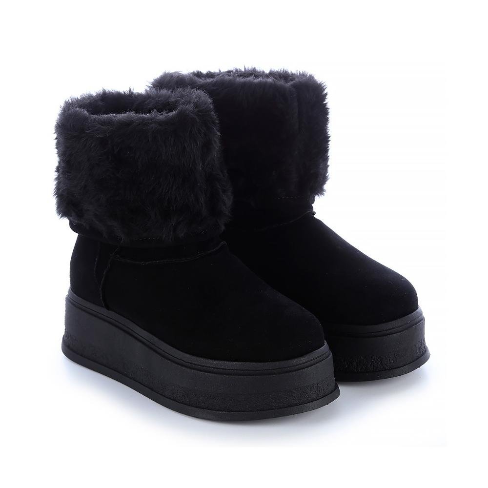 Bota de Pelos Forrada Salto Plataforma Cano Médio Preto Preto 3