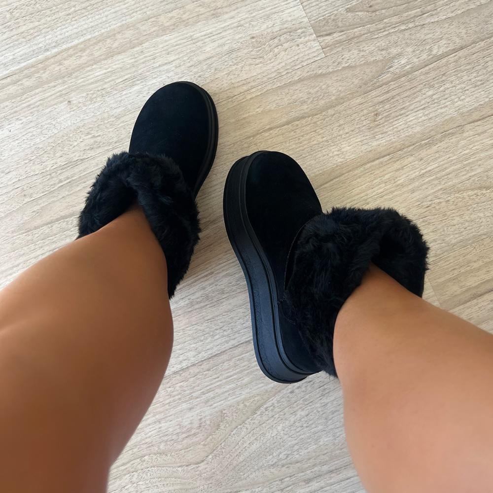 Bota de Pelos Forrada Salto Plataforma Cano Médio Preto Preto 4