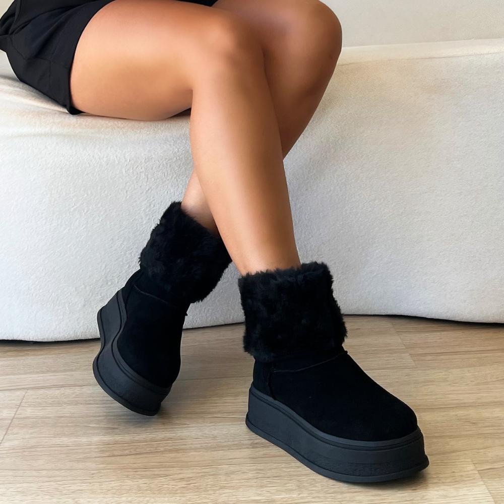 Bota de Pelos Forrada Salto Plataforma Cano Médio Preto Preto 5