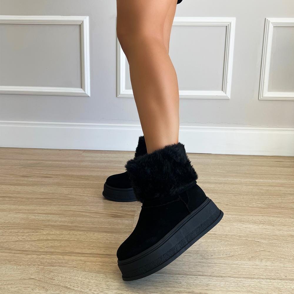Bota de Pelos Forrada Salto Plataforma Cano Médio Preto Preto 7