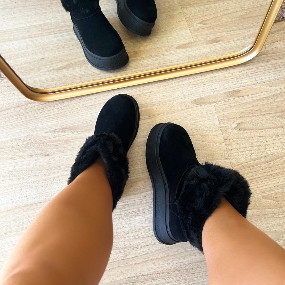 Bota de Pelos Forrada Salto Plataforma Cano Médio Preto Preto 8
