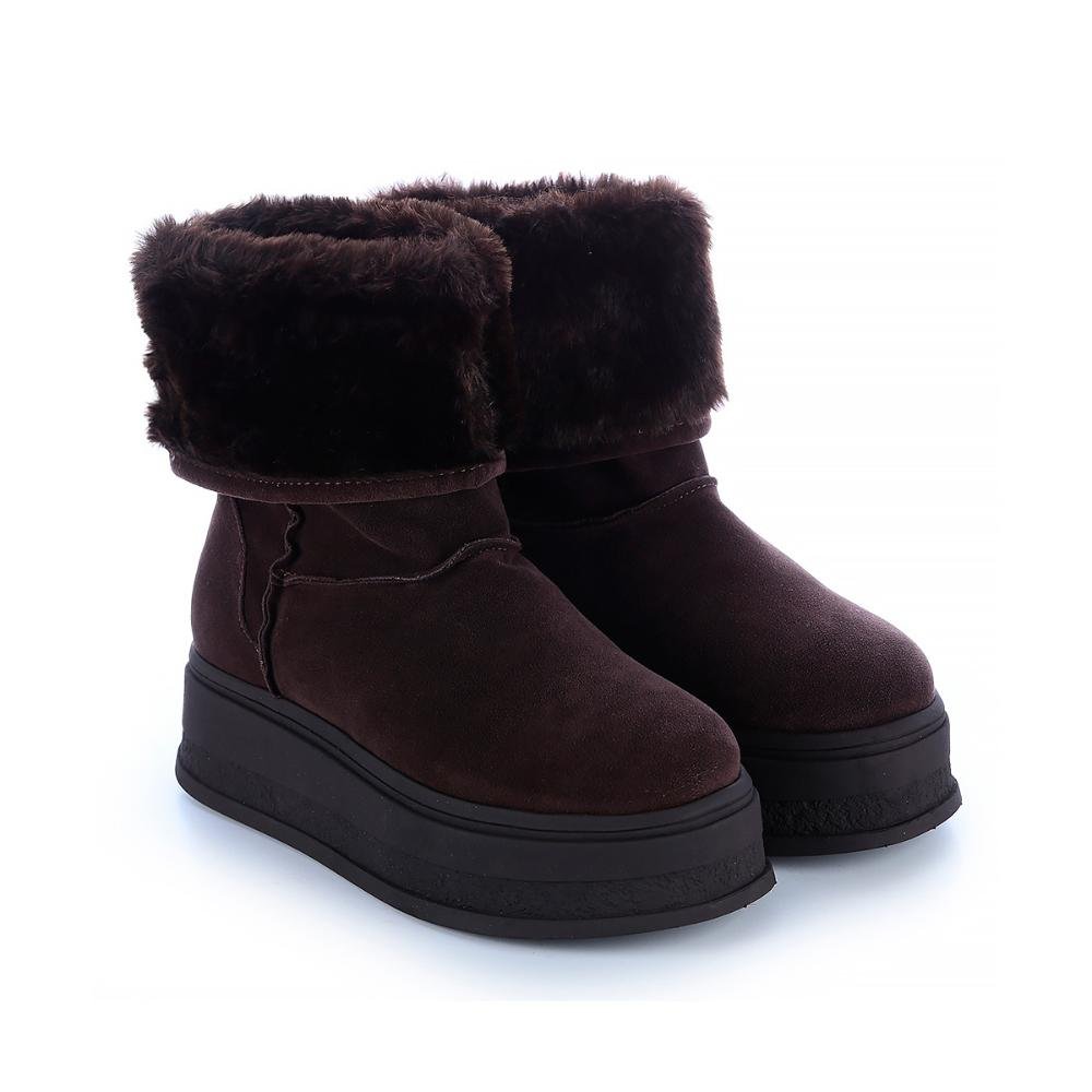 Bota de Pelos Forrada Salto Plataforma Cano Médio Marrom Marrom 3