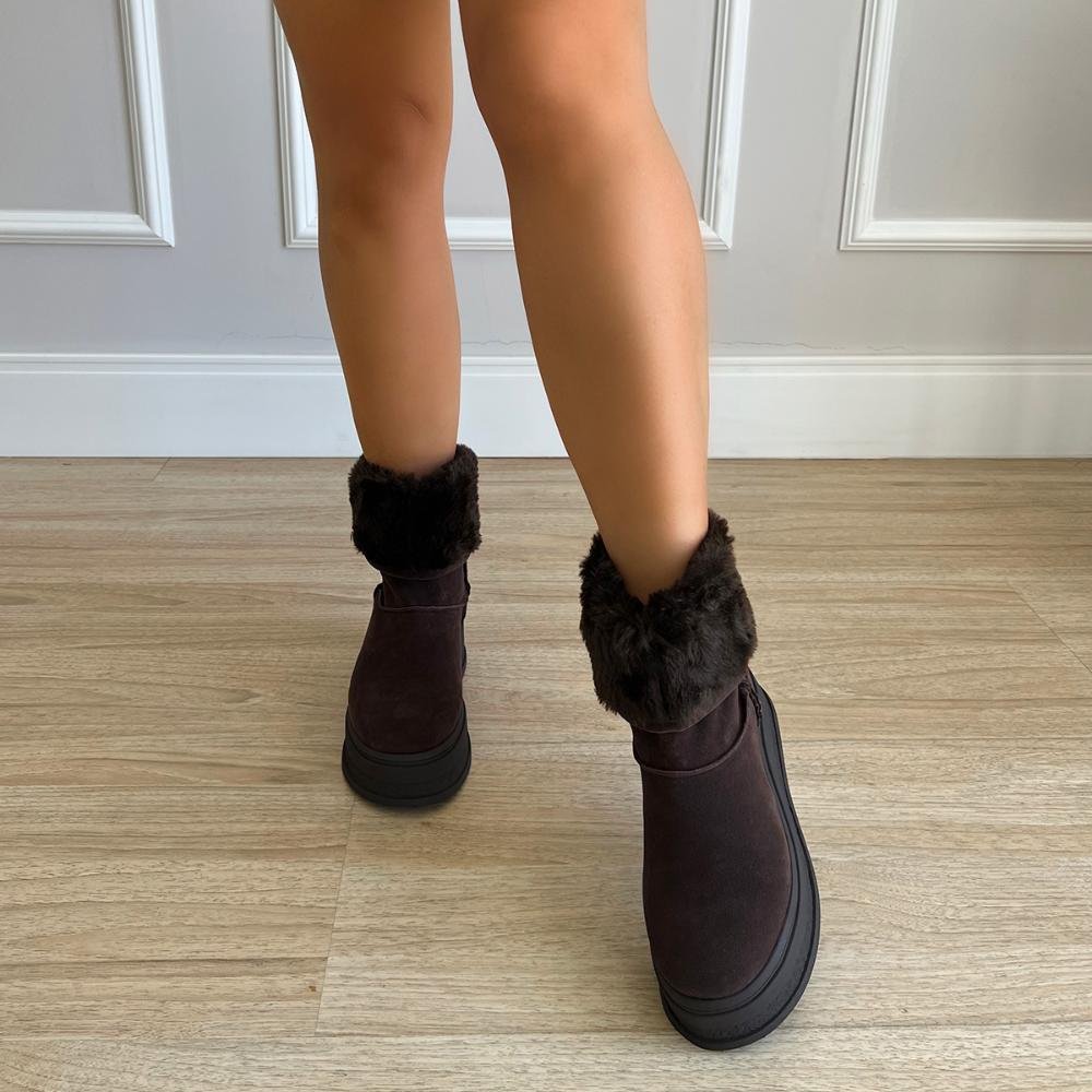 Bota de Pelos Forrada Salto Plataforma Cano Médio Marrom Marrom 4