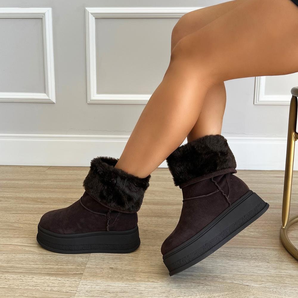 Bota de Pelos Forrada Salto Plataforma Cano Médio Marrom Marrom 8