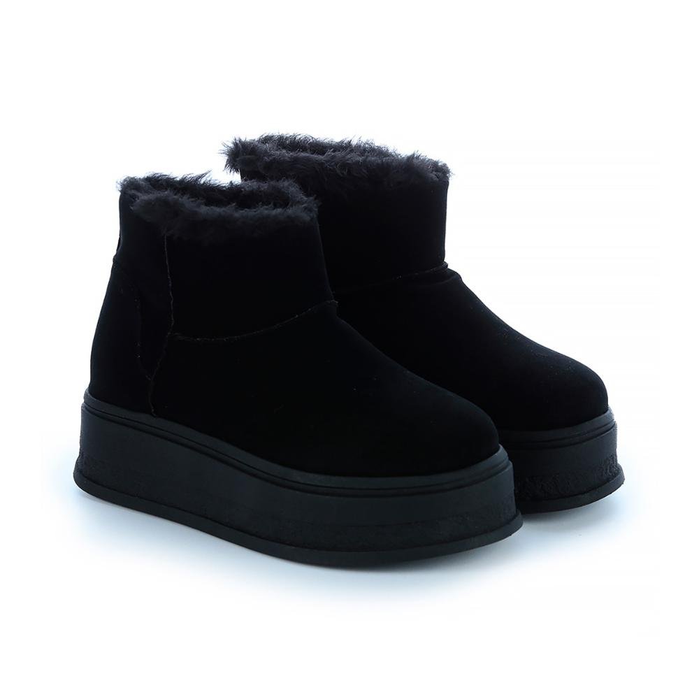 Bota de Pelos Forrada Plataforma Cano Baixo Preto Preto 3