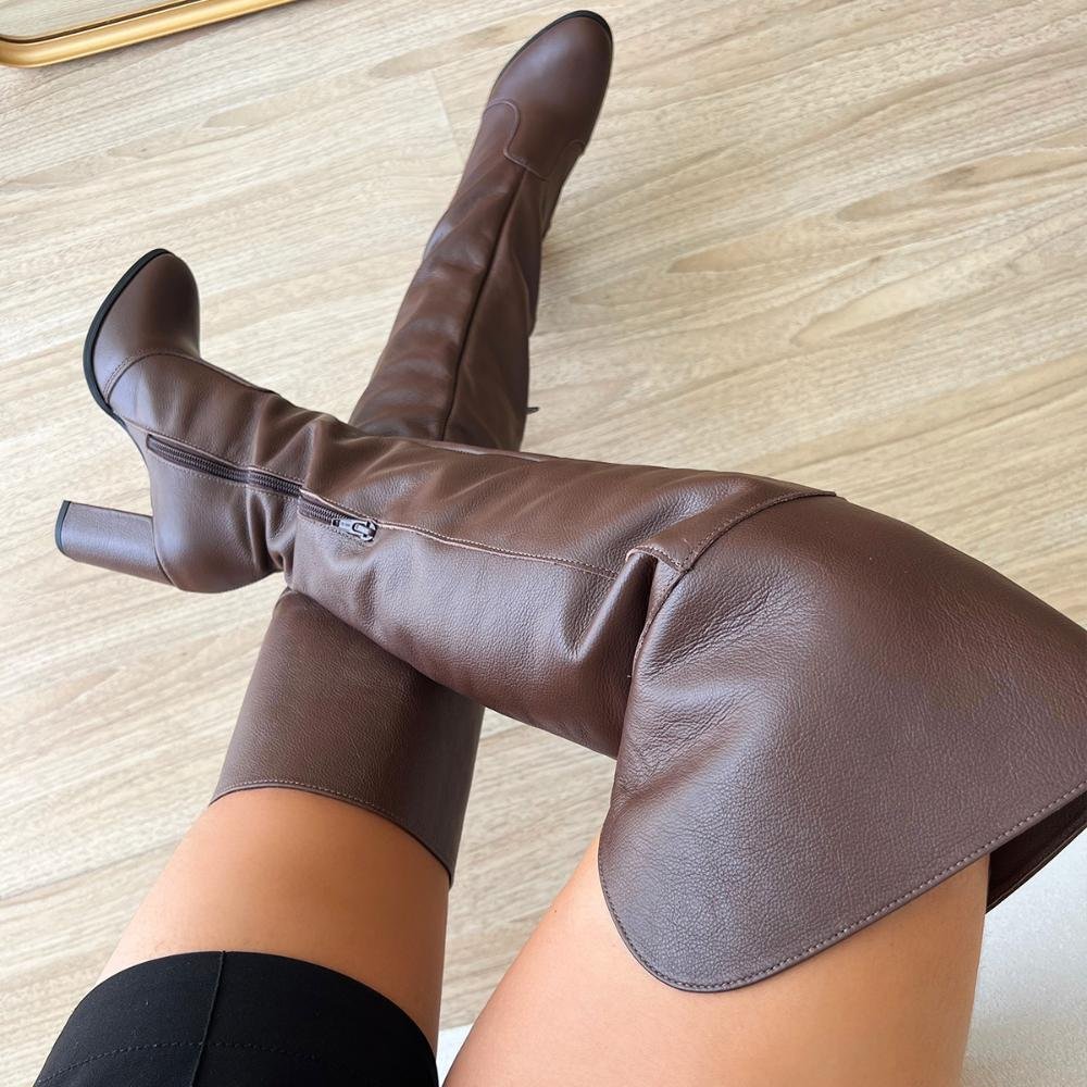 Bota de Couro Legítimo Over The Knee Tina Marrom Marrom 4