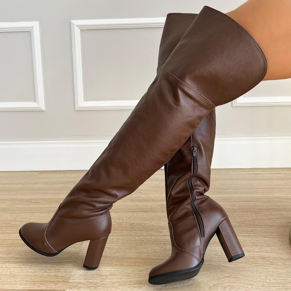 Bota de Couro Legítimo Over The Knee Tina Marrom Marrom 6