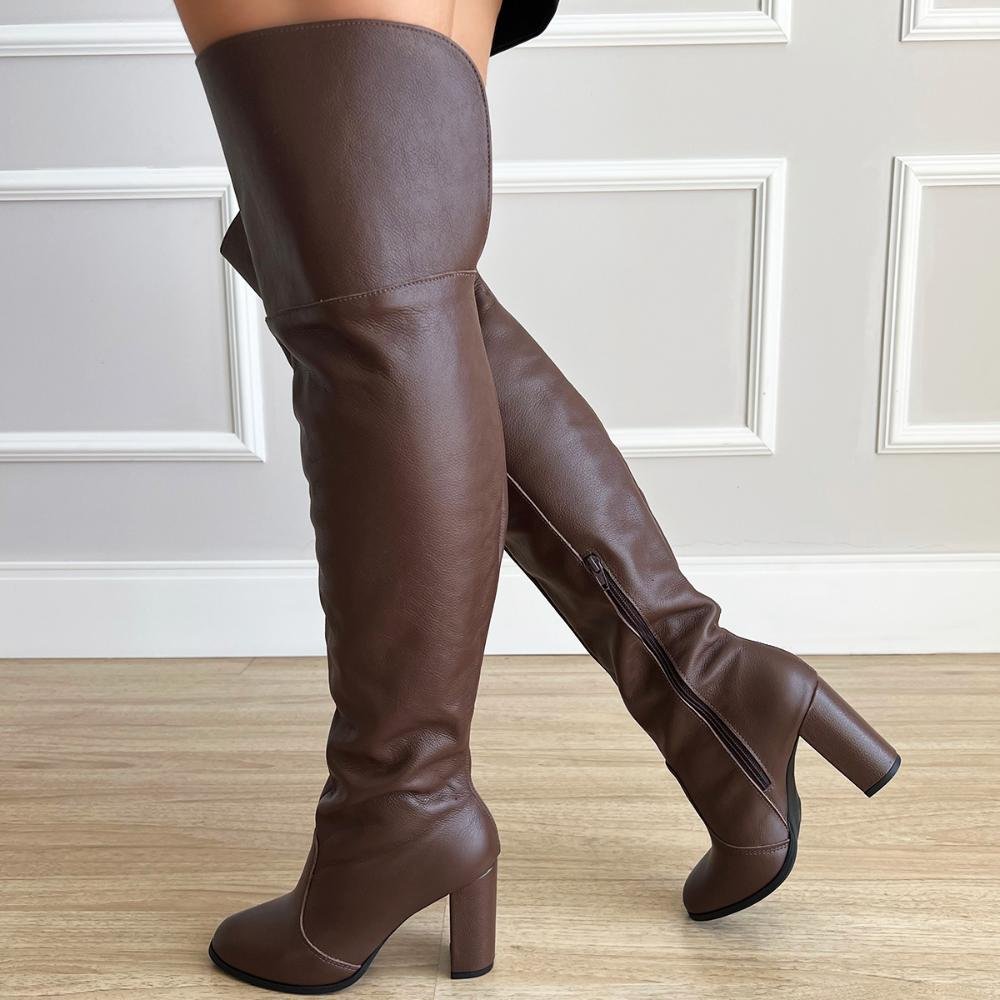 Bota de Couro Legítimo Over The Knee Tina Marrom Marrom 7