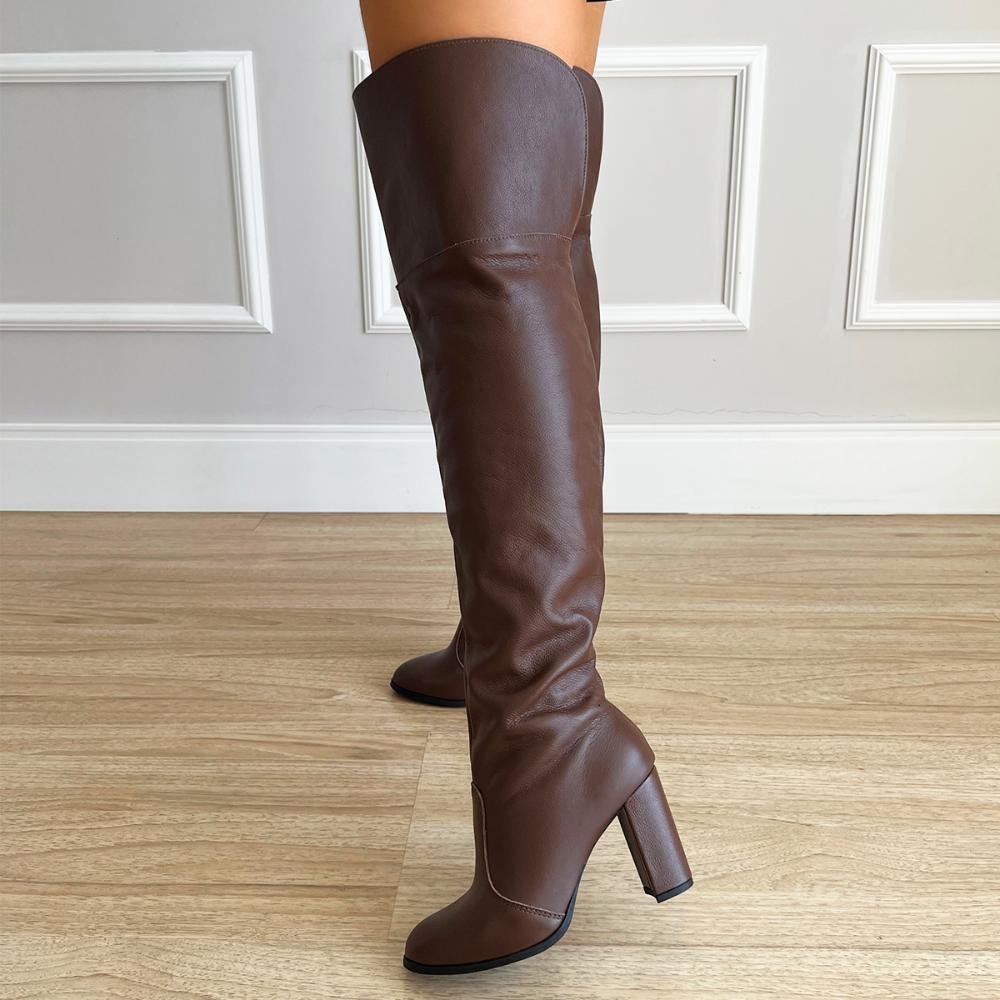 Bota de Couro Legítimo Over The Knee Tina Marrom Marrom 8