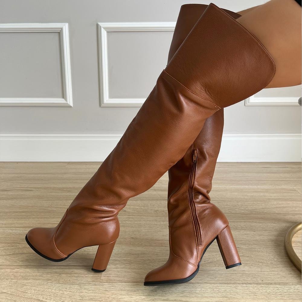 Bota de Couro Legítimo Over The Knee Tina Caramelo Caramelo 5