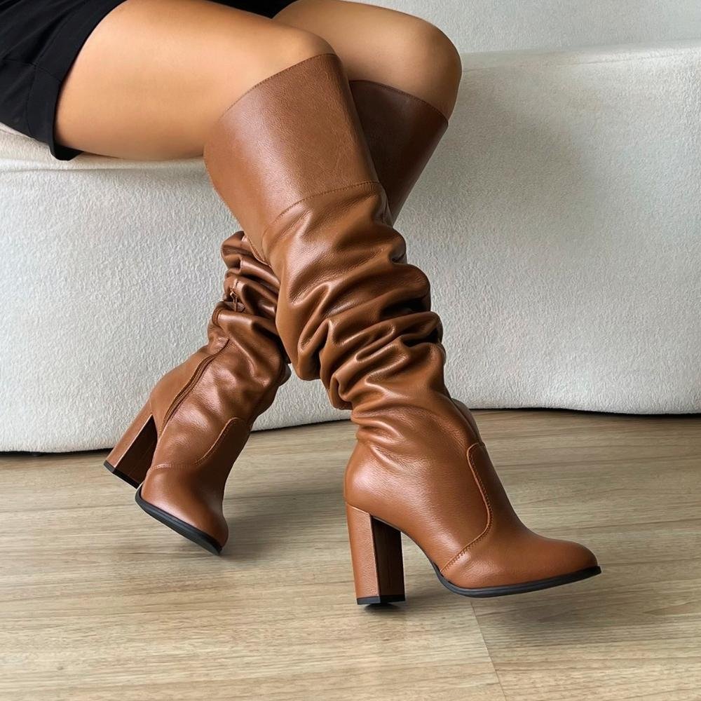 Bota de Couro Legítimo Over The Knee Tina Caramelo Caramelo 2