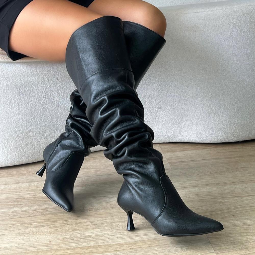 Bota de Couro Legítimo Over The Knee Kayla Preto Preto 2