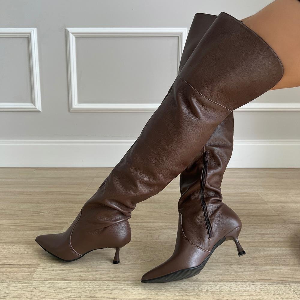 Bota de Couro Legítimo Over The Knee Kayla Marrom Marrom 7