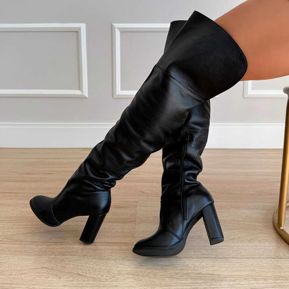 Bota de Couro Legítimo Over The Knee Tina Preto Preto 2