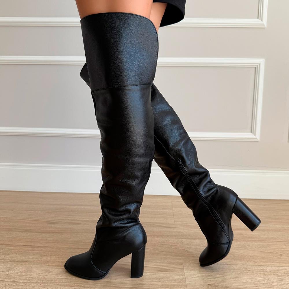 Bota de Couro Legítimo Over The Knee Tina Preto Preto 6