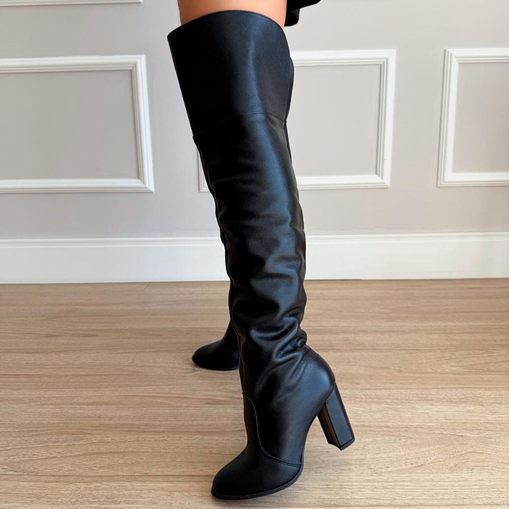 Bota de Couro Legítimo Over The Knee Tina Preto Preto 7