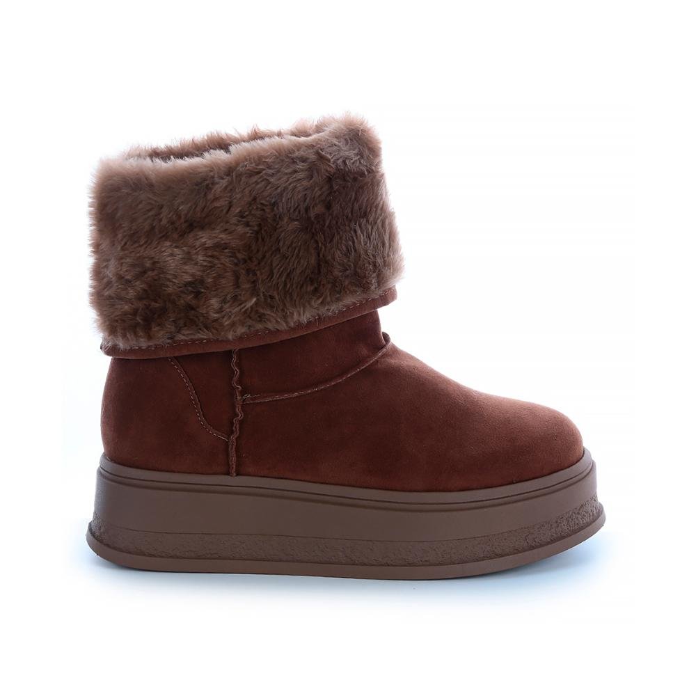 Bota de Pelos Forrada Salto Plataforma Cano Médio Caramelo
