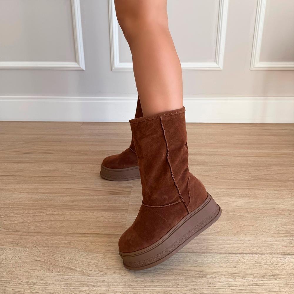 Bota de Pelos Forrada Salto Plataforma Cano Médio Caramelo Caramelo 5
