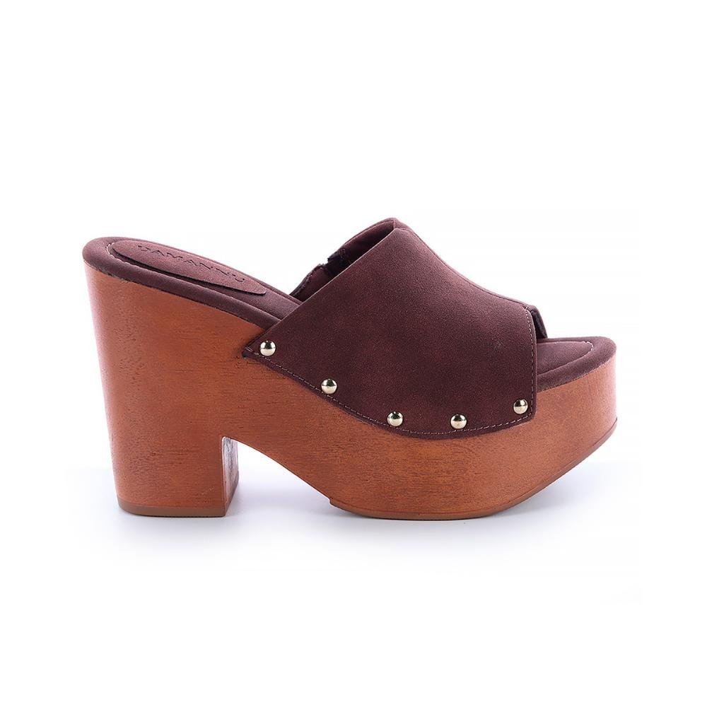 Tamanco Plataforma Boho Tachas Camurça Marrom