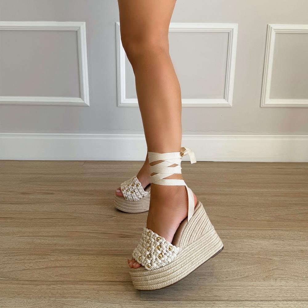 Helena - Sandália Plataforma Trançada com Amarração Off White Off White 7