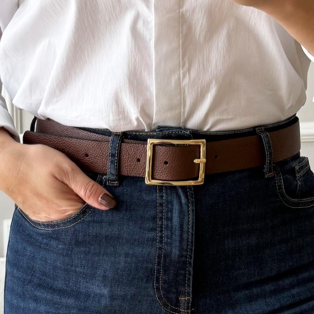 Nelly - Cinto Femino Couro Legítimo Marrom Fivela Dourada Marrom 2