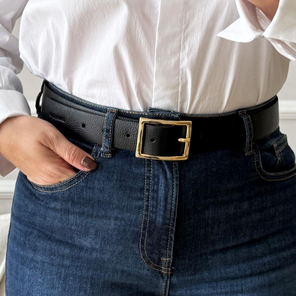 Nelly - Cinto Femino Couro Legítimo Preto Fivela Dourada Preto 2