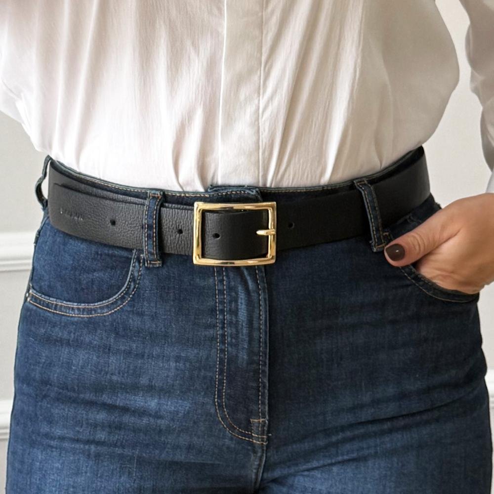 Nelly - Cinto Femino Couro Legítimo Preto Fivela Dourada Preto 3