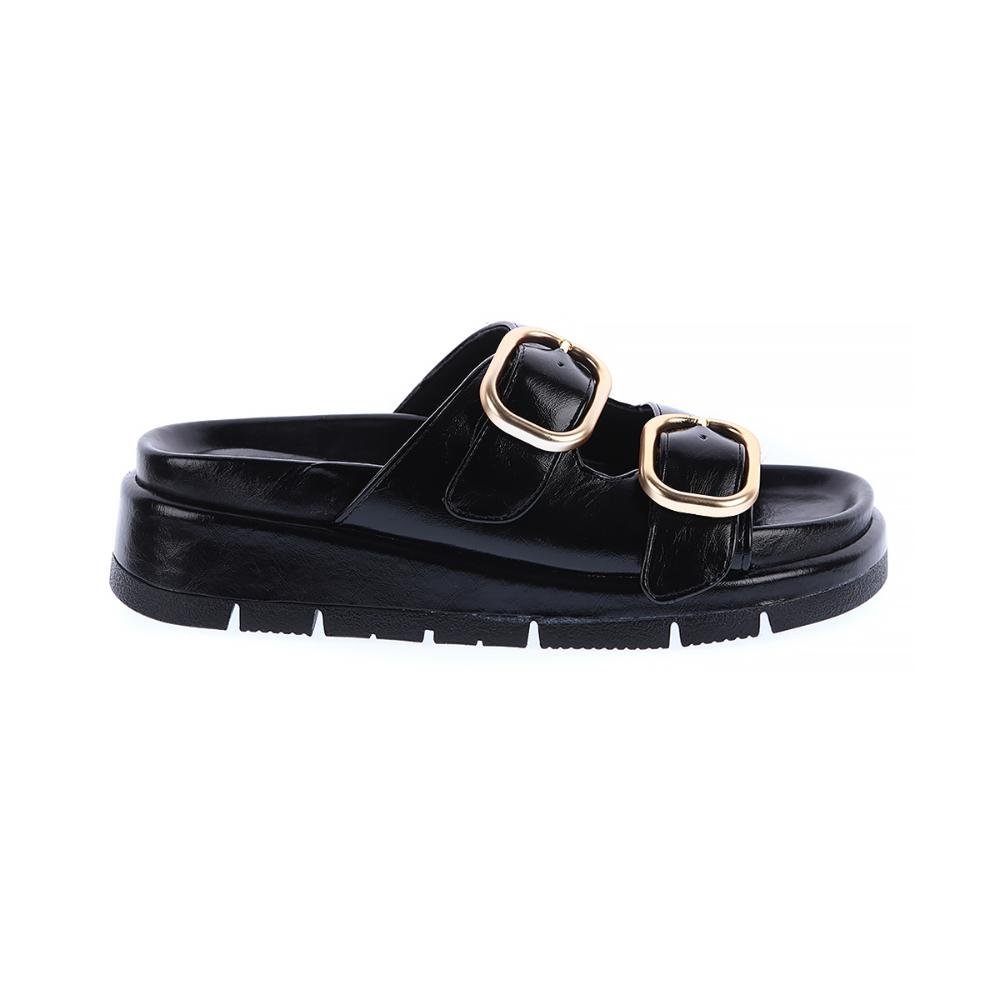 Sandália Flat Maya Preto Fivelas Dourada